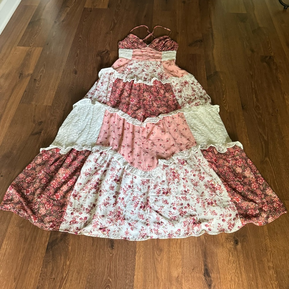 ✨Sold✨ Altar’d state aderny floral patchwork maxi dress in wine rose